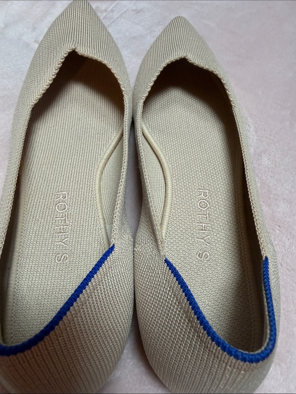 Rothy's Pointed Toe Ballet Flat in Beige with Blue Trim Sz 9 Only wore 1 time